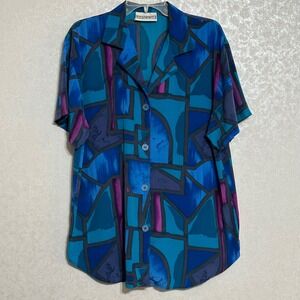 Peter Popovitch VTG Button Up Shirt Blue Teal Abstract Geometric 90s Retro XL